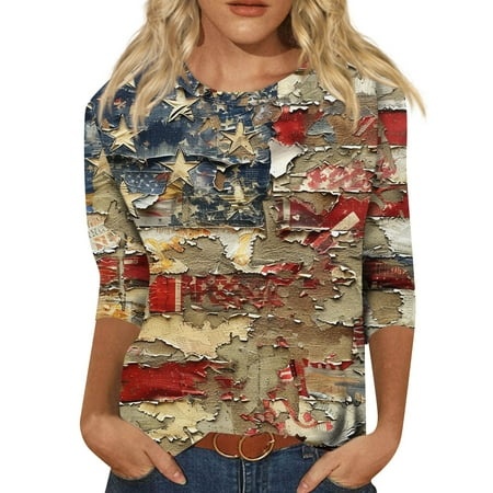 Godokuleh Women S Tops 3/4 Sleeve Round Neck American Flag Loose Fit Shirts Casual Graphic Casual T Shirt Dresses 2024 Summer Tee Clothes Khaki 2XL