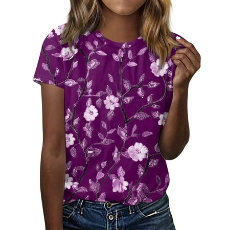 Qwertyu Womens Short Sleeve Round Neck Floral Graphic Tee Shirts Short Sleeve 2024 Summer T-Shirt Tops Dark Purple 3XL