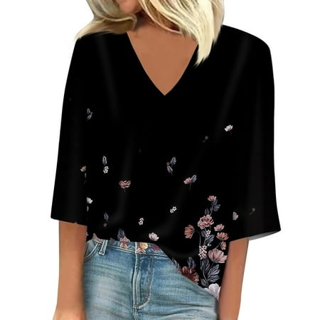 Godokuleh Women S Summer Casual 3/4 Sleeve Shirts V Neck Dressy Tops Floral Boho Trendy Vacation Blouses Black M