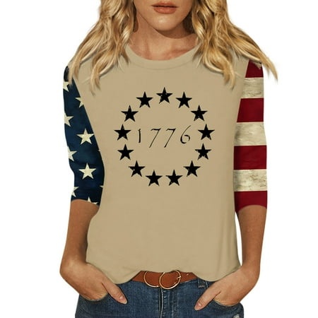 Godokuleh Womens 3/4 Sleeve T Shirts Round Neck American Flag Dressy Shirts Casual Summer T Shirt Graphic Tunic Tops Tee Khaki 4XL
