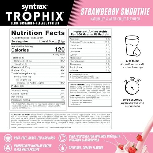 Syntrax Nutrition Trophix Protein Powder, Ultra Sustained-Release Protein Blend, Strawberry Smoothie, 5 Lbs thumbnail