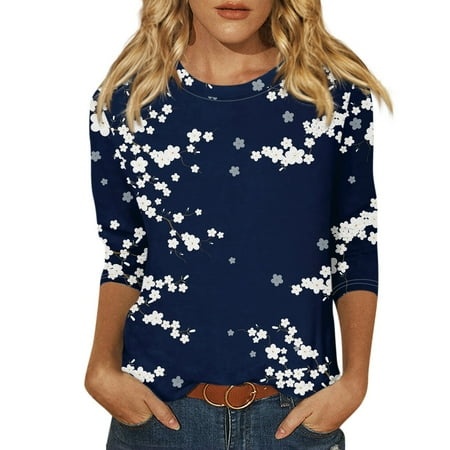 Godokuleh Womens 3/4 Length Sleeve Tops Floral Round Neck Trendy Shirts Trendy Summer Graphic Cotton Workout Shirts Clearance Pullover Clothes Navy 3X