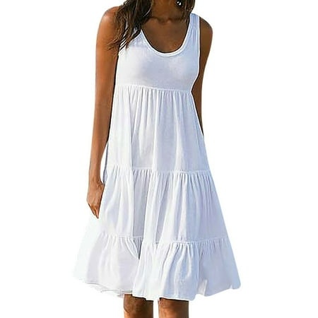 Qwertyu Women S Round Neck Summer Sundresses Casual Pleated Ruffle Hem Knee Length Sleeveless Solid Color Tank Dress with Pockets White 4XL