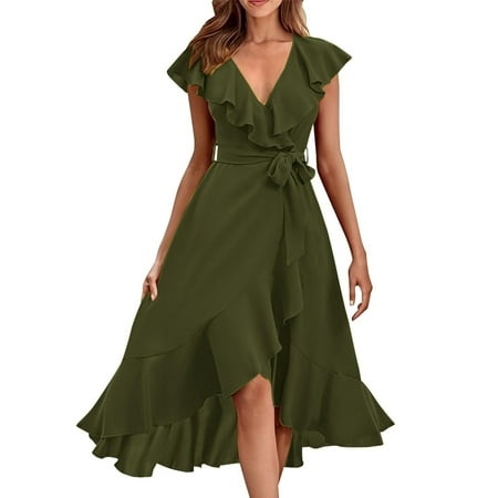 Qwertyu Women S 2024 Summer Wrap V Neck Dress Ruffle Sleeve Boho Ruffle Slit Beach Party Flowy Long Maxi Dresses Green 2XL