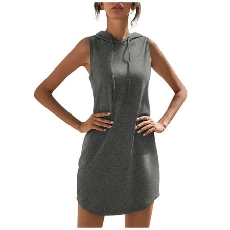 Qwertyu Women S Solid Color Iona Long-Sleeve Hooded Mini Sweatshirt Dress Dark Gray XS