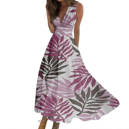 Qwertyu Summer Dresses for Womens Casual V-Neck Foral Print Long Sleeveless Casual Loose Maxi Dress Light Purple XL