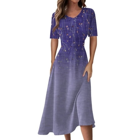 Qwertyu Summer Dresses for Women 2024 Trendy Boho Graphic Print V Neck Sleeveless Sundresses Irregular Hem MIDI Dress Light Purple L
