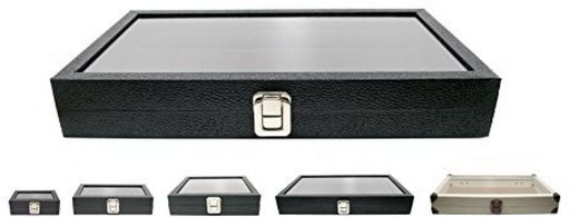 Jewelry Display Case Large Black Leatherette Glass Top Lid Box Metal Clasp