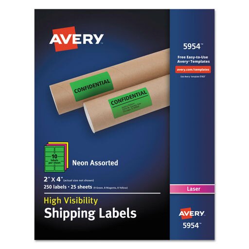 Avery Neon Shipping Label Laser 2 X 4 Neon Assorted 250/Box 5954