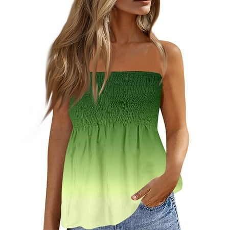 Qwertyu Women S Strapless Casual Tube Top Sleeveless Pleated Gradient Print Stretchy Summer Shirt Blouse Green L