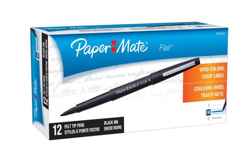 Paper Mate Flair Felt Tip Pens Medium Point 0.7mm Black 12 Count Packaging M.