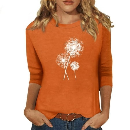 Qwertyu 3/4 Length Sleeve Womens Tops Summer Dandelion Print Shirts Dressy Casual Loose Fit Tunic Tops Women Blouses Saffron 5XL