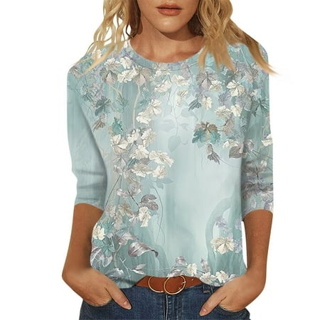 Qwertyu 3/4 Length Sleeve Shirts for Women Graphic Print Tees Blouses Crewneck Loose Casual Plus Size Tops Tshirts Cyan 5XL