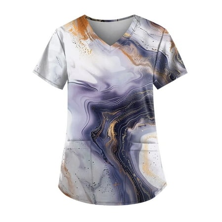 Qwertyu Womens Summer Tops Short Sleeve Shirts V Neck T Shirt Graphic Print Loose Casual with Pocket Purple XL