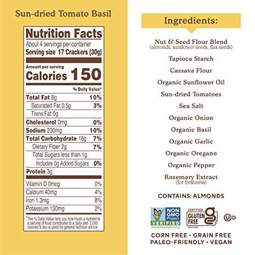 Simple Mills Almond Flour Crackers, Sundried Tomato & Basil, Gluten Free, Flax Seed, Sunflower Seeds, Corn Free, Good for Snacks, Made with Whole Food thumbnail