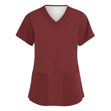 Qwertyu Womens Summer Tops Short Sleeve Shirts V Neck T Shirt Loose Casual with Pocket Red S
