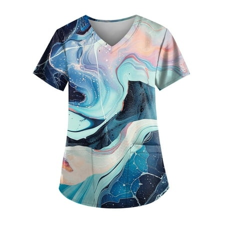 Qwertyu Womens Summer Tops Short Sleeve Shirts V Neck T Shirt Printed Loose Casual with Pocket Dark Blue S