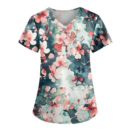 Qwertyu Womens Summer Tops Short Sleeve Shirts V Neck T Shirt Floral Print Loose Casual with Pocket Pink M