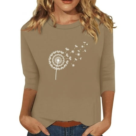 Qwertyu 3/4 Length Sleeve Womens Tops Summer Dandelion Print Shirts Dressy Casual Loose Tunic Tops Women Blouses Khaki 4XL