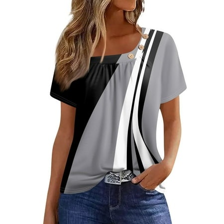 Qwertyu Women S T-Shirts Dressy Button Tunic Y2K Tops Short Sleeve Plaid Print Blouses Round Neck Summer Cute Clothes Dark Gray 3XL
