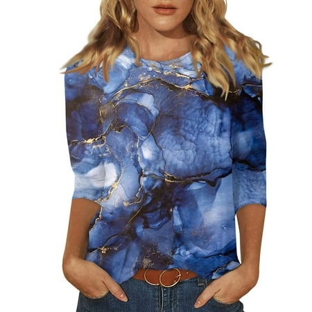 Qwertyu 3/4 Length Sleeve Womens Tops Summer Three Quarter Shirts Dressy Casual Loose Printed Tunic Tops Women Blouses Blue L