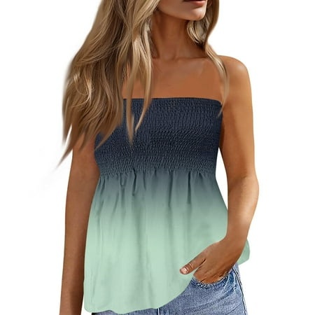 Qwertyu Women S Strapless Casual Tube Top Sleeveless Pleated Gradient Print Stretchy Summer Shirt Blouse Mint Green M