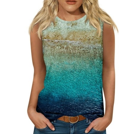 Qwertyu Tank Top for Women Summer Tops Loose Fit Cute V Neck Workout Sleeveless Floral Printed T Shirts Blue 2XL