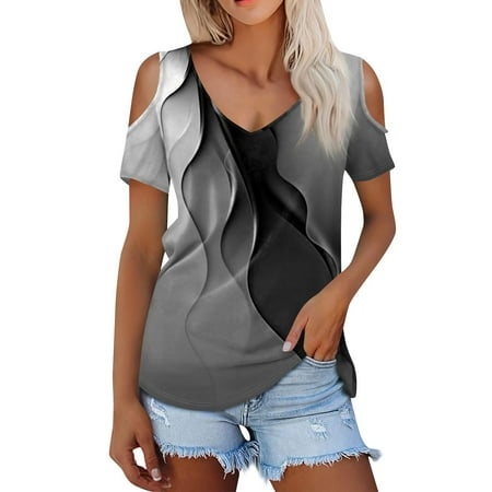 Qwertyu Womens Cold Shoulder Graphic Print Tops Short Sleeve Dressy Casual Shirts Summer Fashion V Neck Basic Tees Dark Gray 3XL