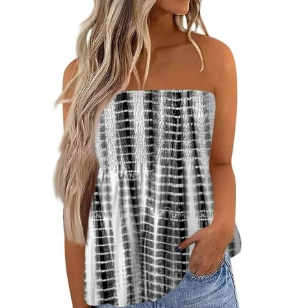 Qwertyu Women S Strapless Tube Top Sleeveless Pleated Graphic Print Stretchy Summer Shirt Blouse Dark Gray M