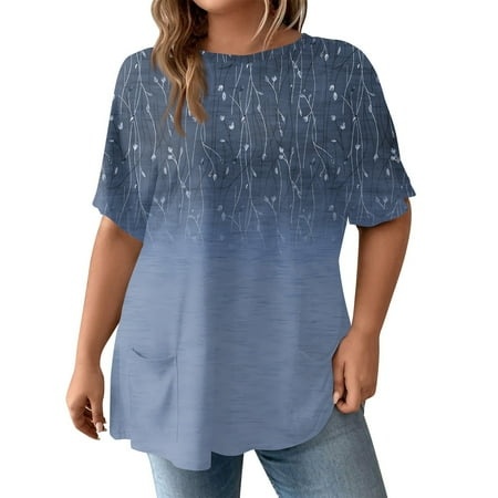 Qwertyu Womens Casual Tops Short Sleeve Crew-Neck T Shirts Floral Print Loose Casual Blouses Dark Blue 2XL