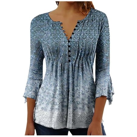 Womens 3/4 Sleeve Tunic Tops Vintage Stylish V Neck Print Cuff-Link Button Tops Ladies Summer Sexy Casual Blouse Comfortable Breathable Going Out Part