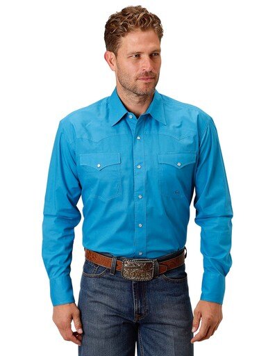 Roper Western Shirt Mens L/S Solid Snap Turq 03-001-0765-0454 BU