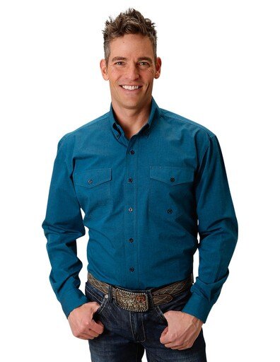 Roper Western Shirt Mens L/S Solid Button 03-001-0365-0700 BU