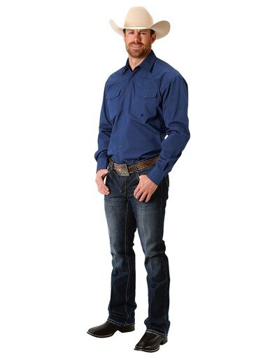 Roper Western Shirt Mens L/S Solid Snap 03-001-0765-0118 BU