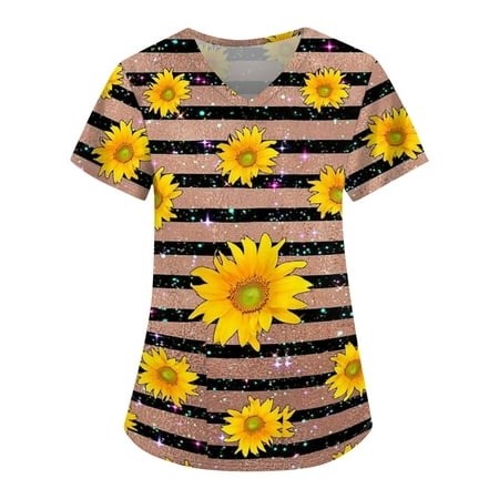 Qwertyu Womens Summer Tops Short Sleeve Shirts V Neck T Shirt Sunflower Print Loose Casual with Pocket Light Brown 2XL