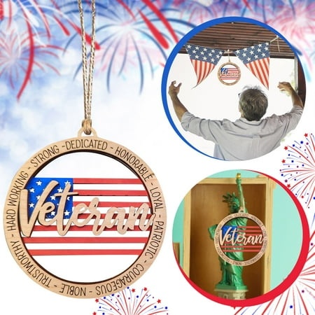 ViLaViDe Veteran Ornament Independence Day Flag Ornament Pendant English Hollow Circular Pendant Wooden Car Pendant