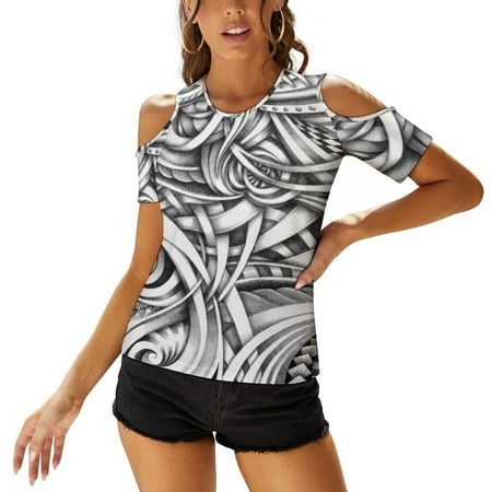 Escher Like Abstract Hand Drawn Graphite Gray Depth 2289 Women Print T Shirt Casual Off Shoulder Loose Pullover Tops Fashion