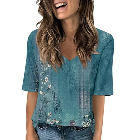 Qwertyu Womens Fashion Half Sleeve Floral BTops Casual V Neck Summer Shirts Loose Fit Elbow Length Sleeve Blouses Cyan L