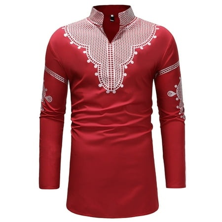 YiHWEI Mens Plus Size Casual Mid Length African Print V Neck Shirt Long Sleeved Top 7263