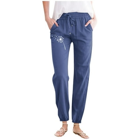 Pants for Women Trendy Summer Printing Stretch Elastic Waist Business Pants with Pockets Fashion Beach Vacation Trousers Loose Fit Casual Regular B-Na