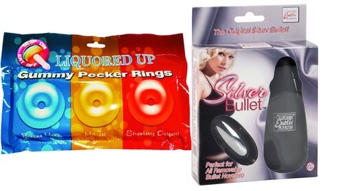 Bundle Package of Liquored up Pecker Gummy Rings-3pk and a Silver Bullet Versatile Personal Vibrator