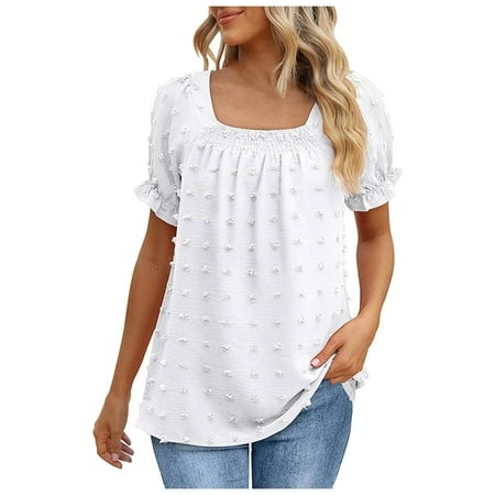 YOUSNH Women S Square Neck Bubble Sleeve Fringe Hem Short Sleeve Chiffon Blouse Ladies Raglan Tees Graphic T Shirts for Women White L