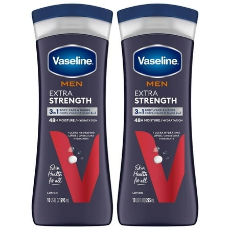Vaseline Lotion for Dry Skin - Men Extra Strength Lotion  Fast-Absorbing Body Lotion Jelly and Ultra-Hydrating Lipids  3-in-1 Body  Face  & Hands  10 