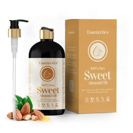 Essencetics Sweet Almond Oil Organic 16 Oz - 100% Pure & Natural Sweet Almond Oil for Skin  Body  Face  and Hair - Natural Cold Pressed Unrefined - or
