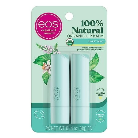 Eos 100% Natural & Organic Lip Balm Sticks- Sweet Mint  All-Day Moisture  Dermatologist Recommended for Sensitive Skin  0.14 Oz  2-Pack
