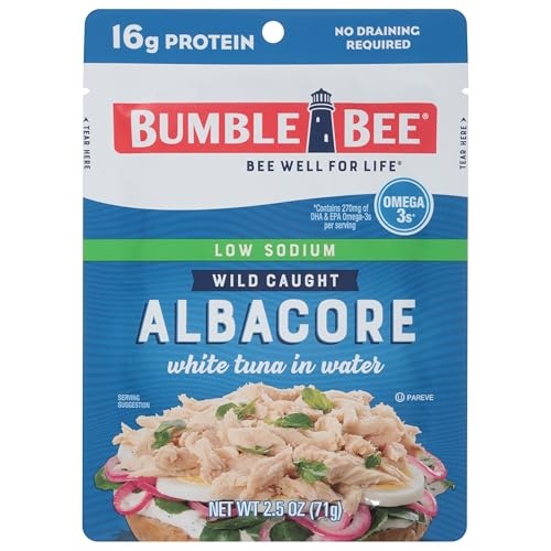Bumble Bee Low Sodium White Albacore Tuna in Water, 2.5 Oz Pouch - Wild Caught Tuna - 16g Protein per Serving, High in Omega-3s - Non-GMO, Gluten Free