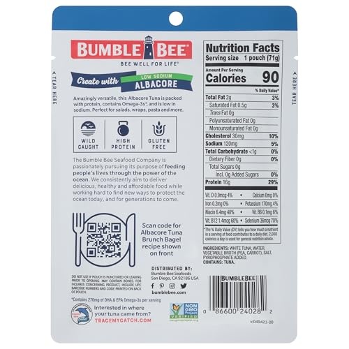 Bumble Bee Low Sodium White Albacore Tuna in Water, 2.5 Oz Pouch - Wild Caught Tuna - 16g Protein per Serving, High in Omega-3s - Non-GMO, Gluten Free thumbnail