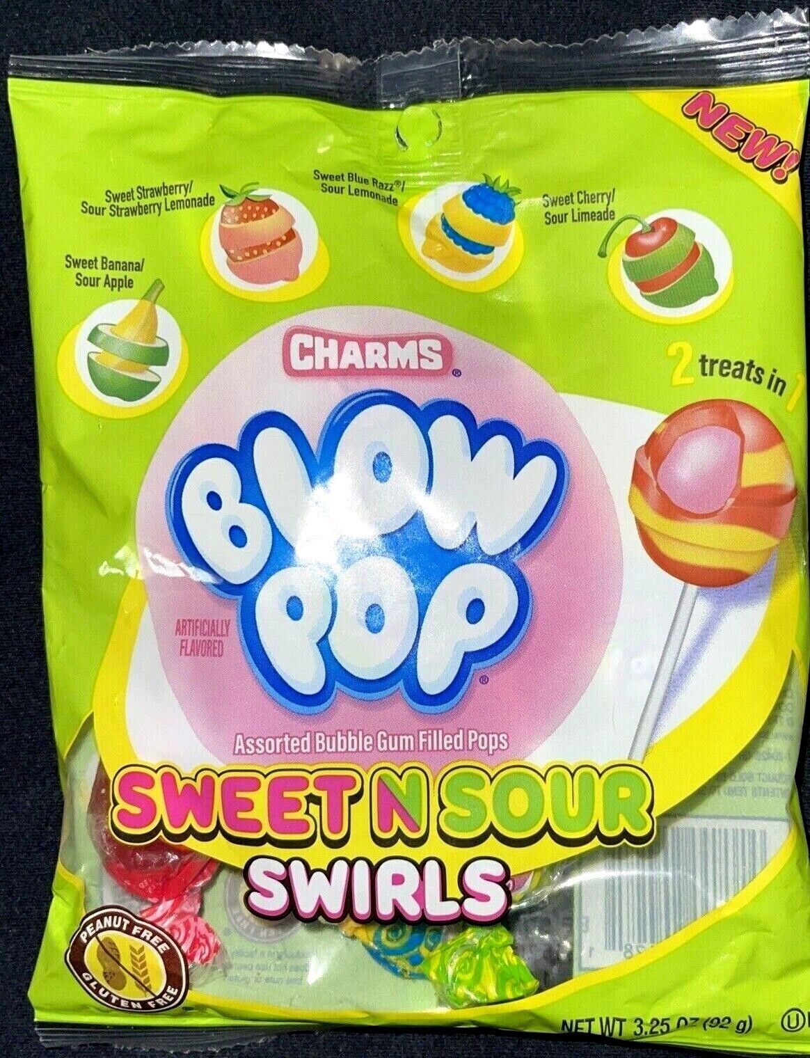 Charms Blow Pop 3.25 Oz SWEET N SOUR SWIRLS Bubble Gum Filled Lollipop BB 7/2024