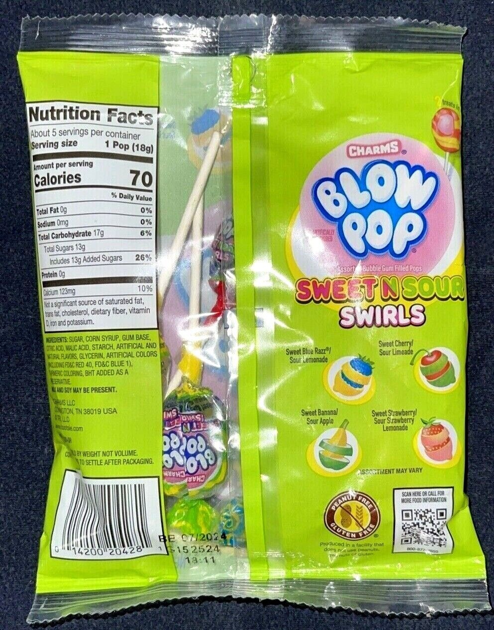Charms Blow Pop 3.25 Oz SWEET N SOUR SWIRLS Bubble Gum Filled Lollipop BB 7/2024 thumbnail
