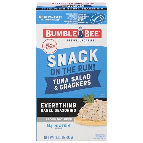 Bumble Bee Snack on the Run Everything Bagel Seasoning Tuna Salad with Crackers Kit, 3.35 Oz - Ready to Eat, Spoon Included - Wild Caught Tuna - Shelf